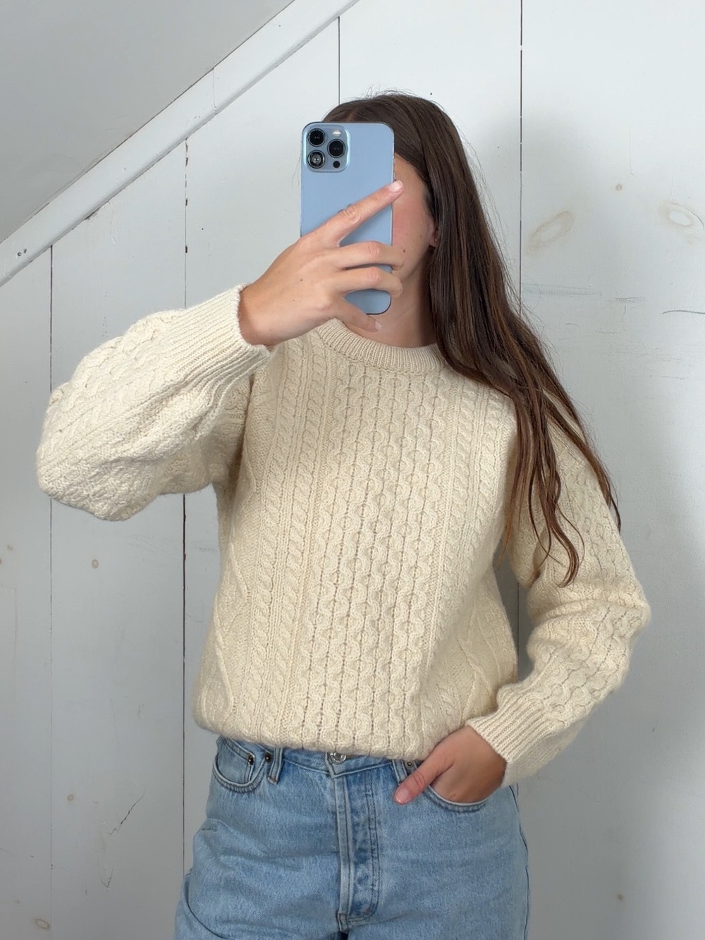 Vintage Cream Wool Cableknit Fisherman Pullover Crewneck Sweater Women’s Small